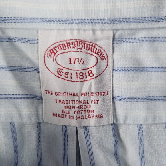 Brooks Brothers 17.5 Blue Striped Short Sleeve Button Up Shirt Traditional Fit - Picture 7 of 13